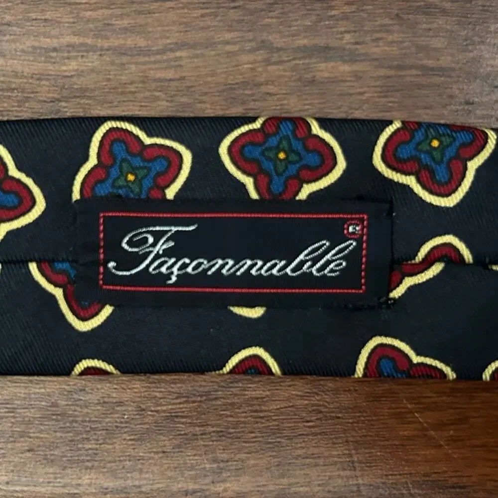 Faconnable Dark Navy and Red Geometric 100% Silk Tie